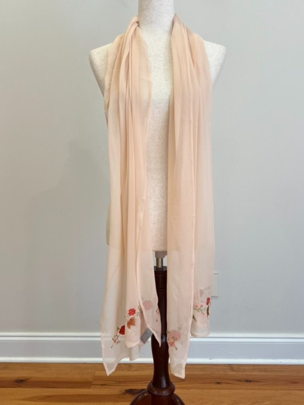 Echo Silk Scarf Womens Pink Peach Floral Embroidered Long Sheer Chiffon Luxury